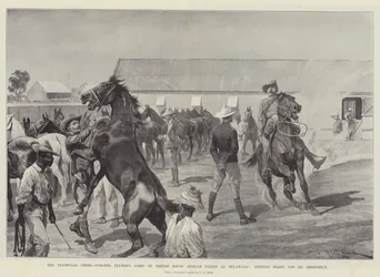 Die Transvaal-Krise, das Korps von Colonel Plumer der britischen südafrikanischen Polizei in Bulawayo, bereit für einen Notfall